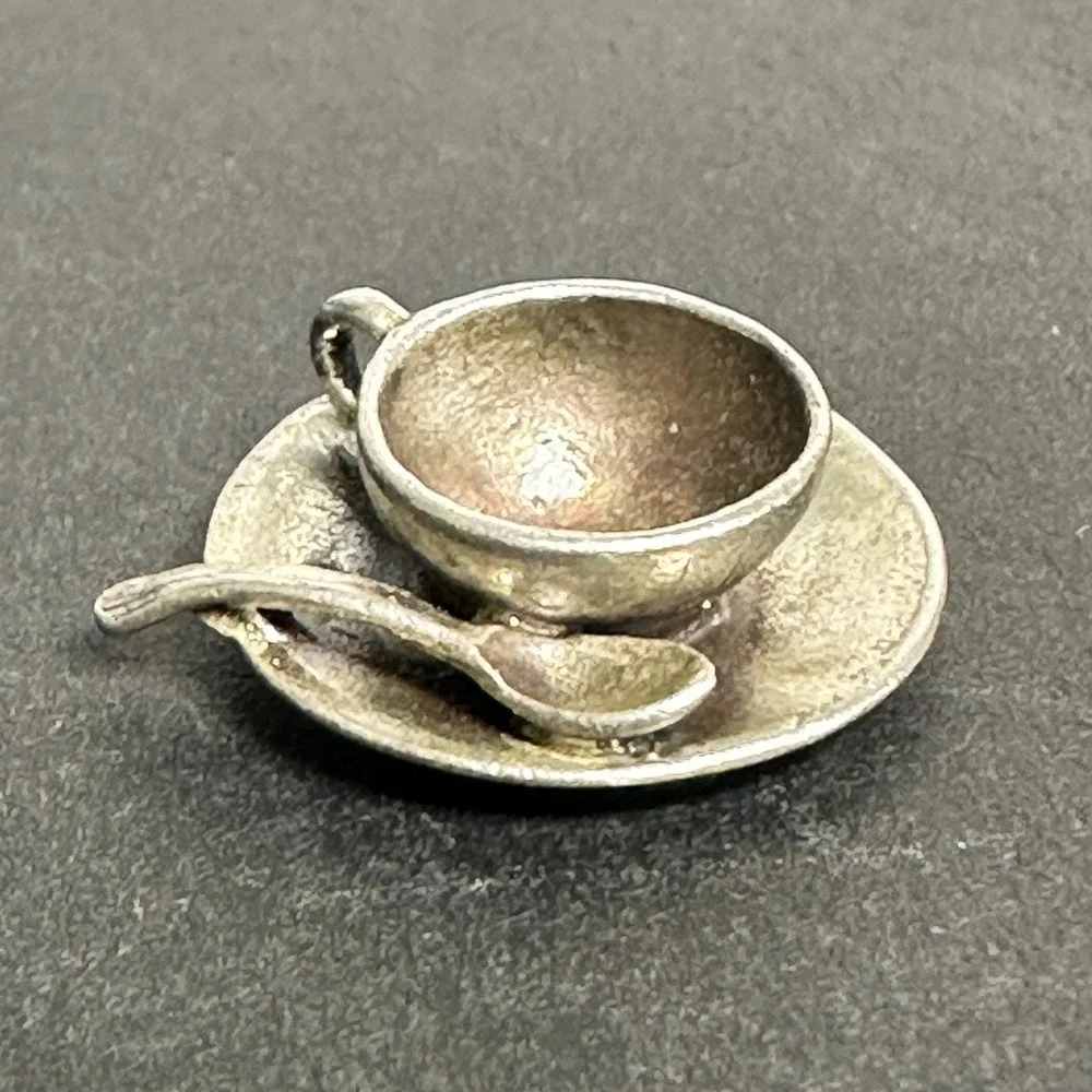 Tea Cup with Saucer and Spoon Vintage .925 Sterling Silver Charm Serving